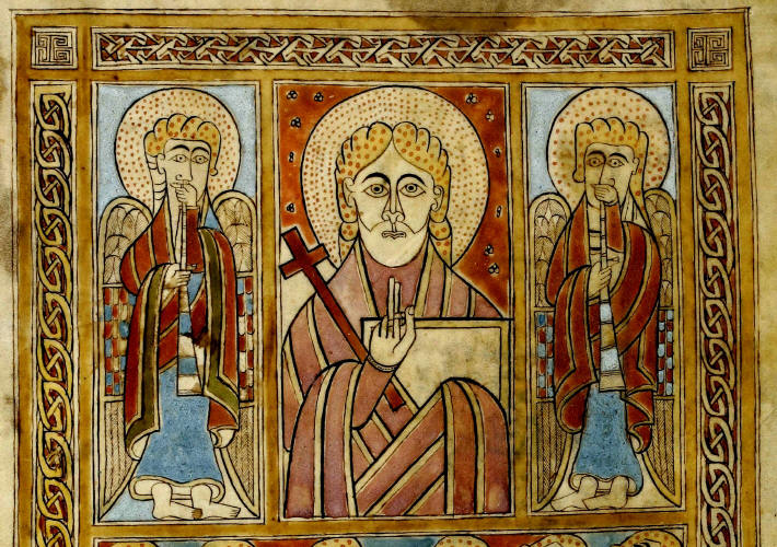 Seite aus einem irischen Evangeliar von St. Gallen (Quatuor evangelia); dargestellt wird das Jüngste Gericht