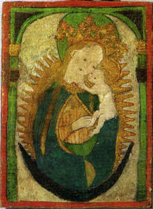Maria mit dem Kinde in der Glorie. Malerei auf Pergament auf einer Eichenholztafel. Um 1480. Kleines Täfelchen, gefunden im Nonnenchor des Klosters Wienhausen.